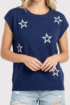 Navy blue top with white star patterns worn by a person