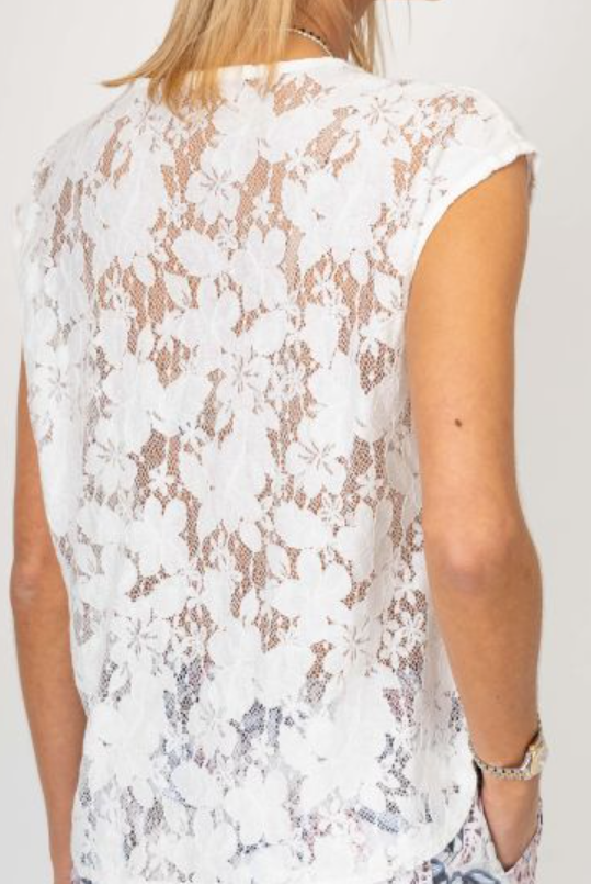 White lace top worn by a person on a plain background