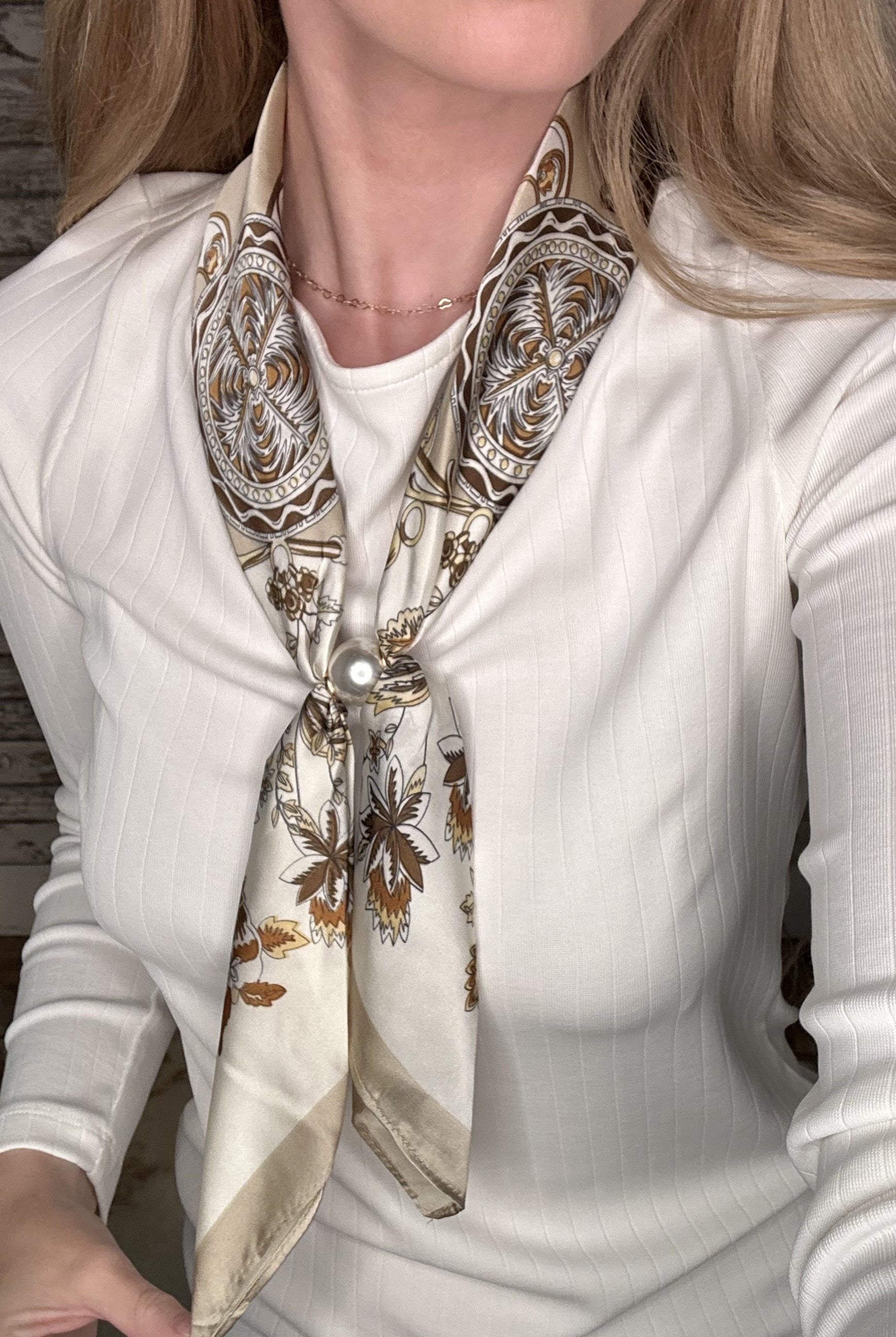 Silky floral pearl magnetic scarf in neutral tones featuring an ornate botanical print and elegant pearl clasp detail.