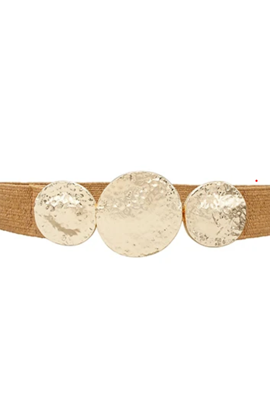 A gold-toned metal belt with three large, textured circular medallions on a tan woven fabric strap, shown against a plain white background.
