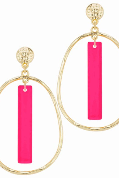 Gold hoop earrings with pink bar pendants on a white background