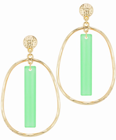 Gold hoop earrings with green rectangular stones on a white background