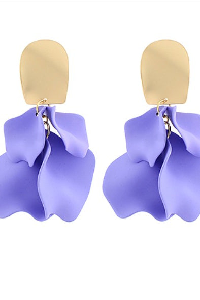 Purple flower-shaped earrings with gold posts on a white background