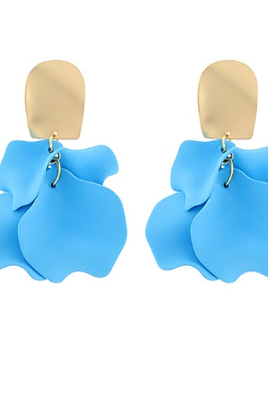 Blue petal-shaped earrings with gold posts on a white background