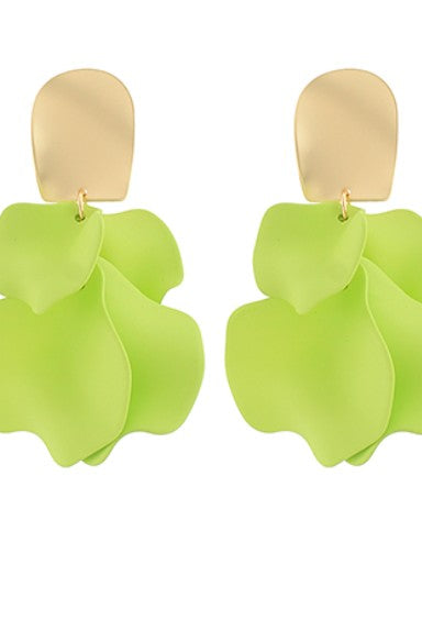 Pair of lime leaf-shaped earrings with gold hooks on a white background