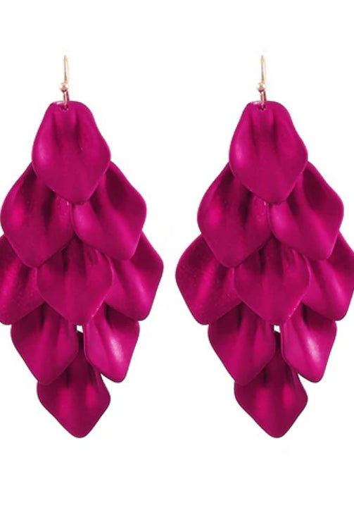 Pair of pink layered petal earrings on a white background