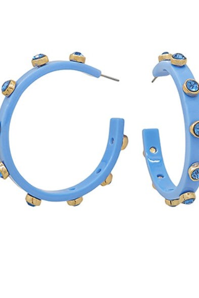 Blue hoop earrings with gold accents on a white background