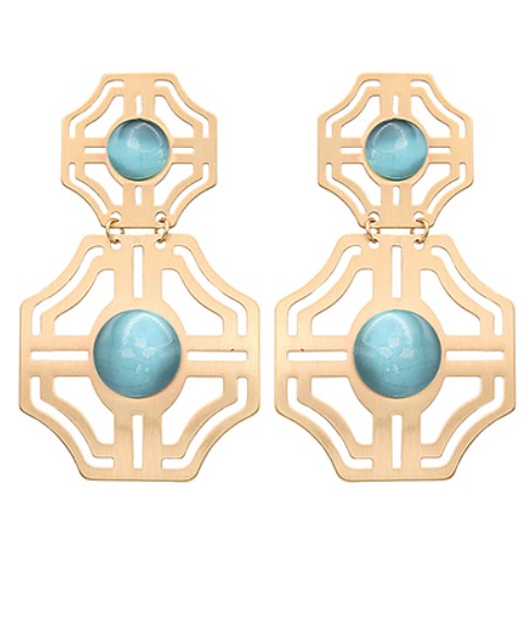 Gold earrings with turquoise stones on a white background
