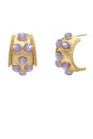 Gold hoop earrings with lavender stones on a white background