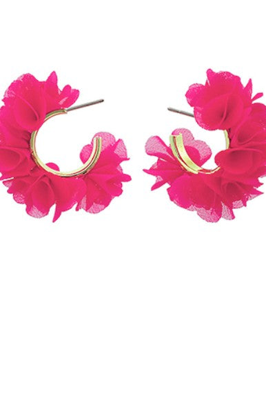 Pair of pink floral hoop earrings on a white background