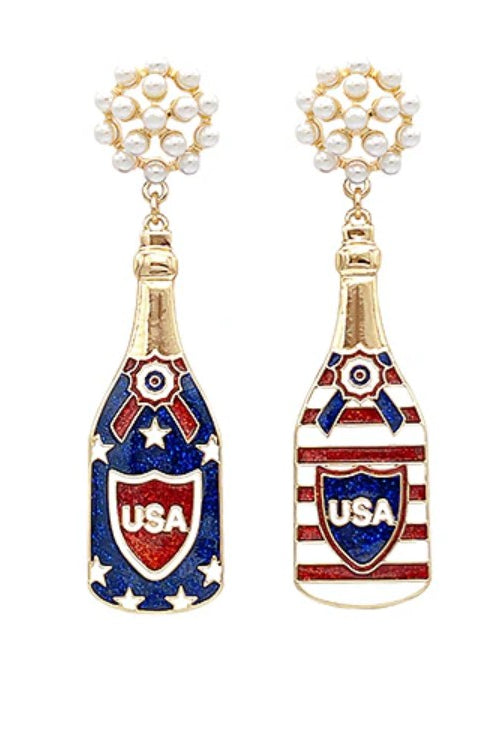 Pair of earrings with USA flag design on a white background