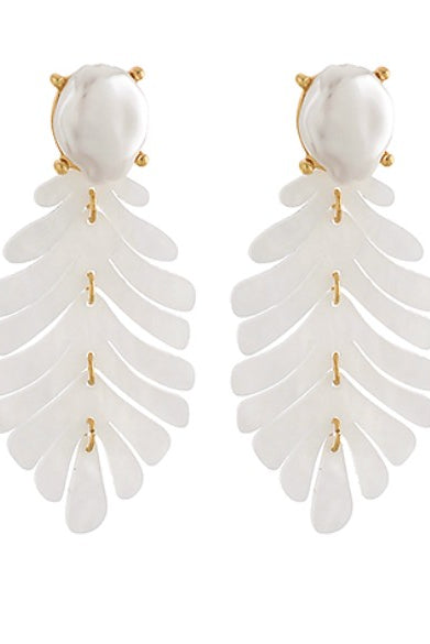 White feather-like earrings with gold accents on a white background