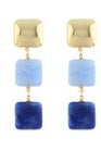 Pair of earrings with blue square stones and gold accents on a white background