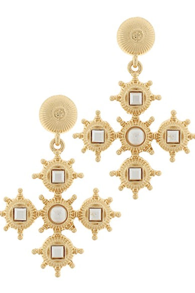 Gold earrings with intricate designs on a white background
