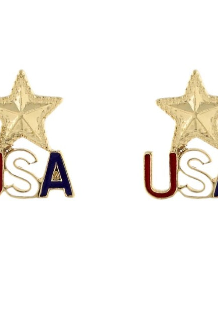 Pair of earrings with gold stars and 'USA' text on a white background