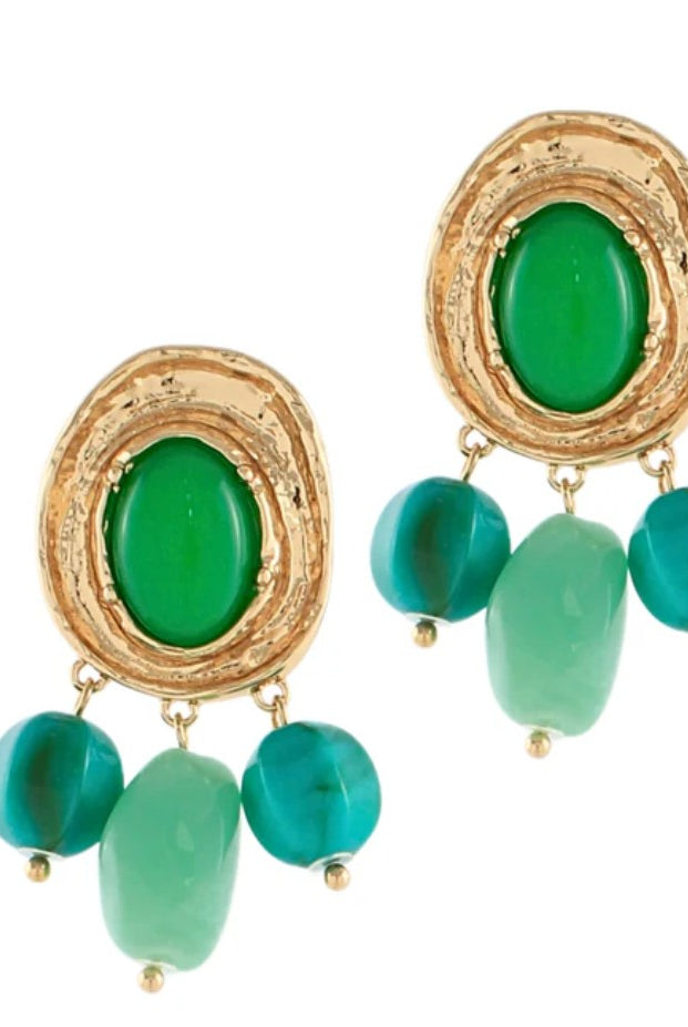Gold-framed earrings with green and turquoise stones on a white background