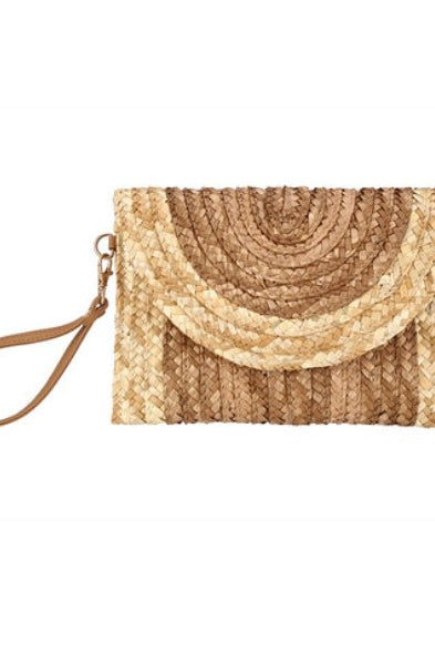 Two-tone woven clutch bag with a strap on a white background