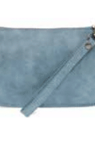 Blue suede clutch bag with a strap on a white background