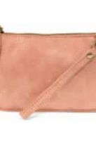 Pink leather clutch bag with a strap on a white background