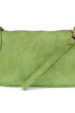 Green leather handbag with a strap on a white background