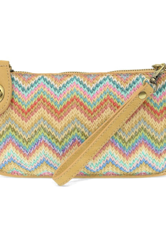 Multicolored zigzag patterned pouch with a strap on a white background