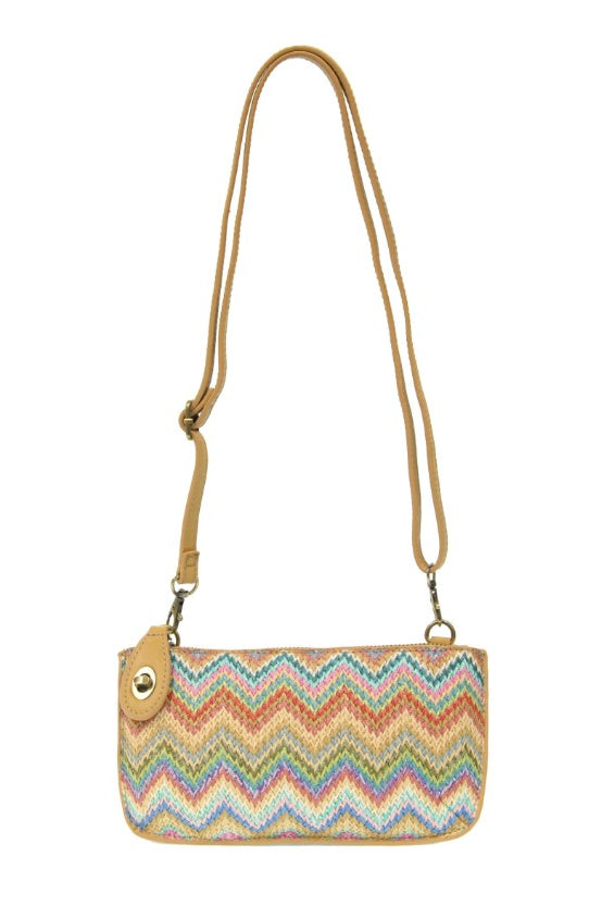 Multicolored zigzag patterned handbag with a strap on a white background