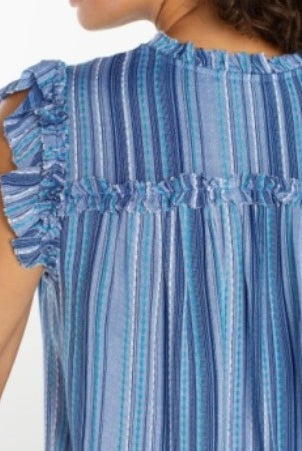 Blue striped top with ruffled shoulders