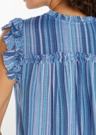 Blue striped top with ruffled shoulders