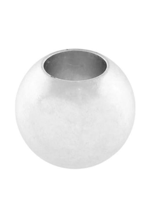 A polished silver metallic sphere with a hollow center, isolated on a solid white background.