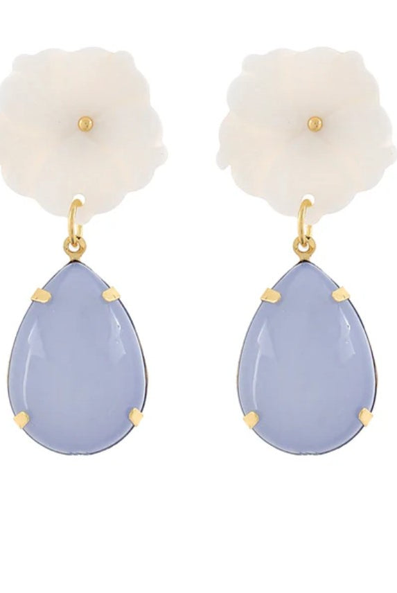 Teardrop-shaped earrings with gold accents on a white background