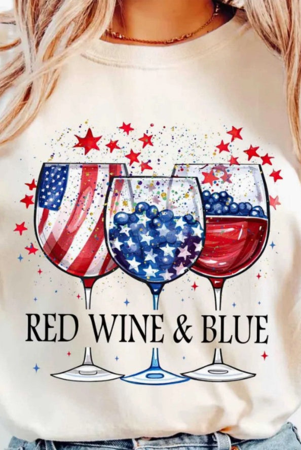 White t-shirt with red, white, and blue wine glass design and 'Red Wine & Blue' text.