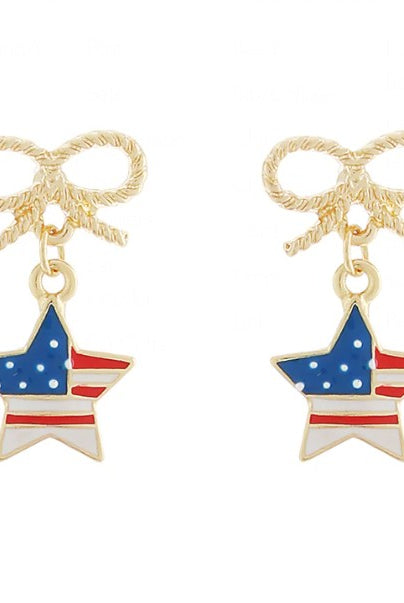 Pair of earrings with American flag star design and gold bows on a white background
