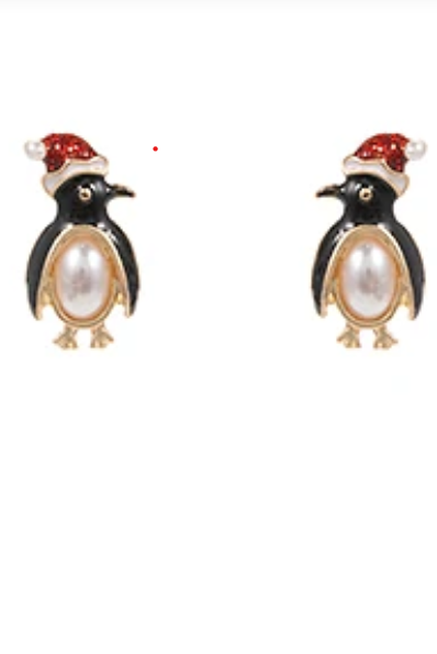 A pair of penguin stud earrings with black and gold enamel, white faux pearls on the bellies, and red Santa hats, shown on a plain white background.