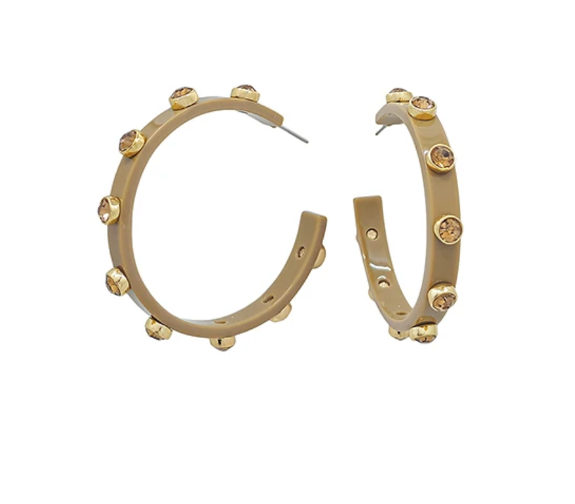 A pair of gold hoop earrings with small round crystal studs, shown on a plain white background.