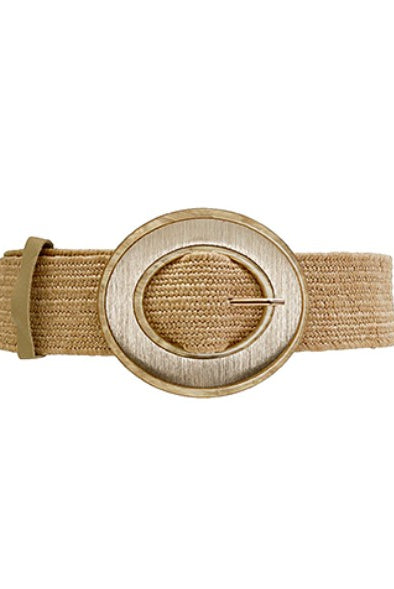 Beige belt with a large round gold buckle on a white background