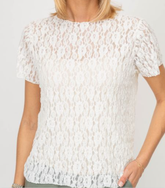White lace top worn by a person on a plain background