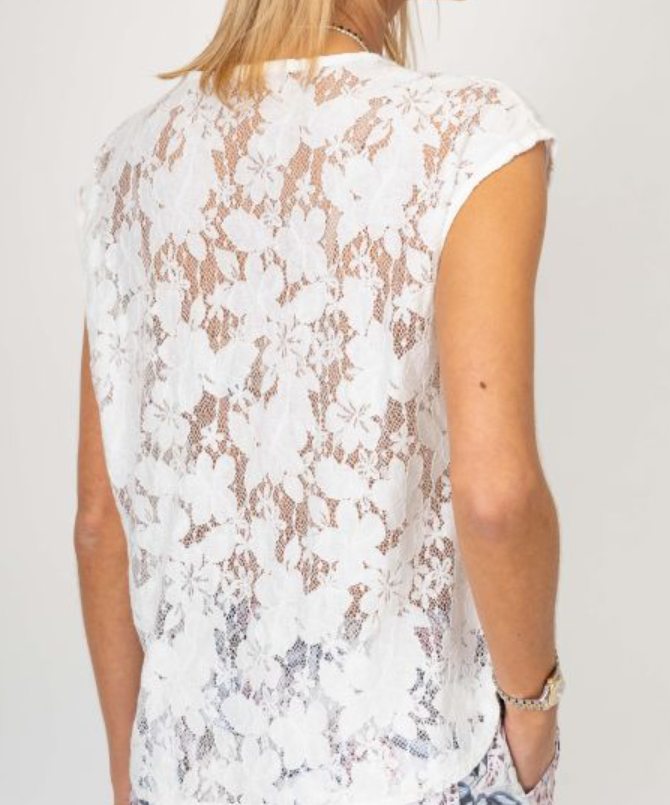 White lace top worn by a person on a plain background