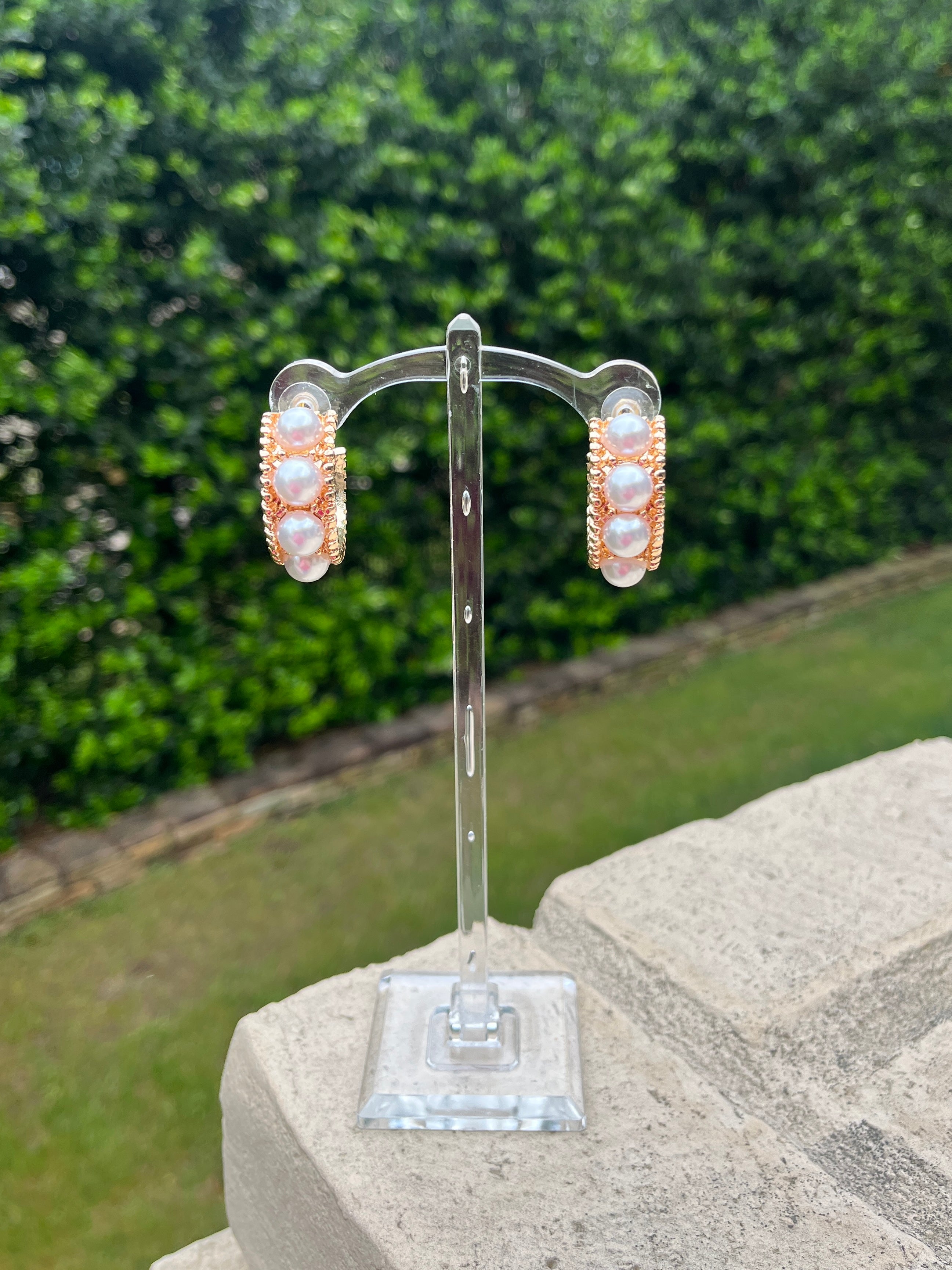 Pair of gold/pearl earrings on a clear stand with a green outdoor background