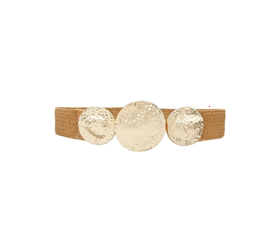 A gold-toned metal belt with three large, textured circular medallions on a tan woven fabric strap, shown against a plain white background.