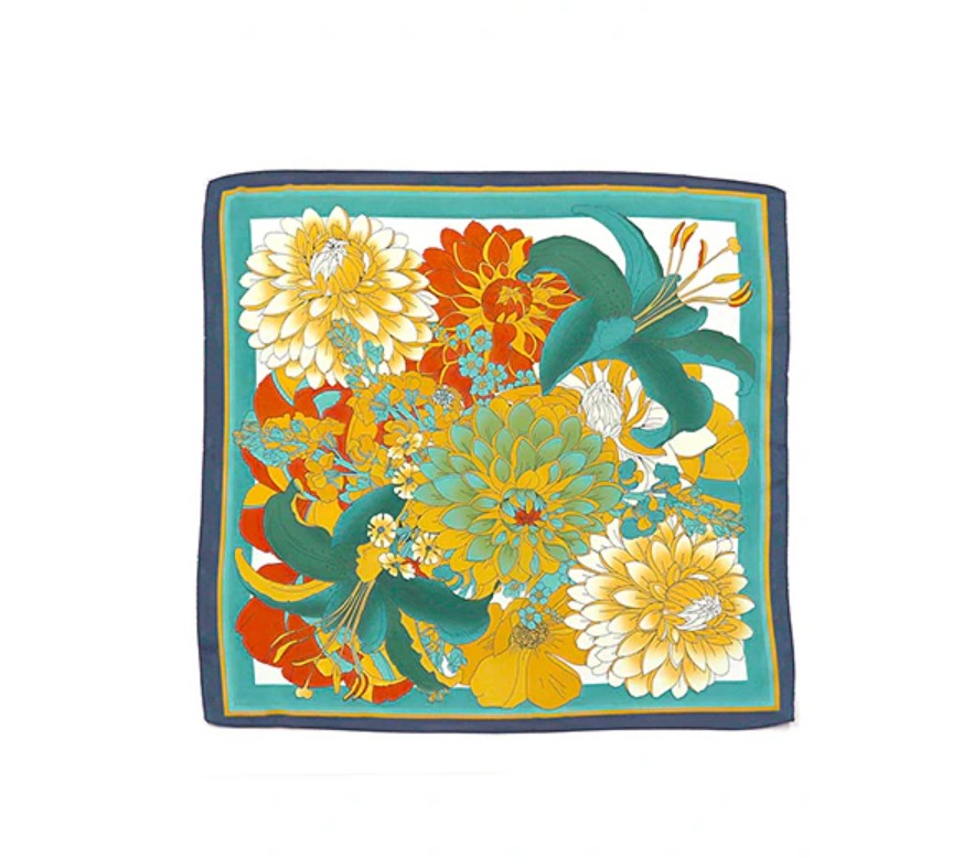 Floral scarf with a blue border on a white background