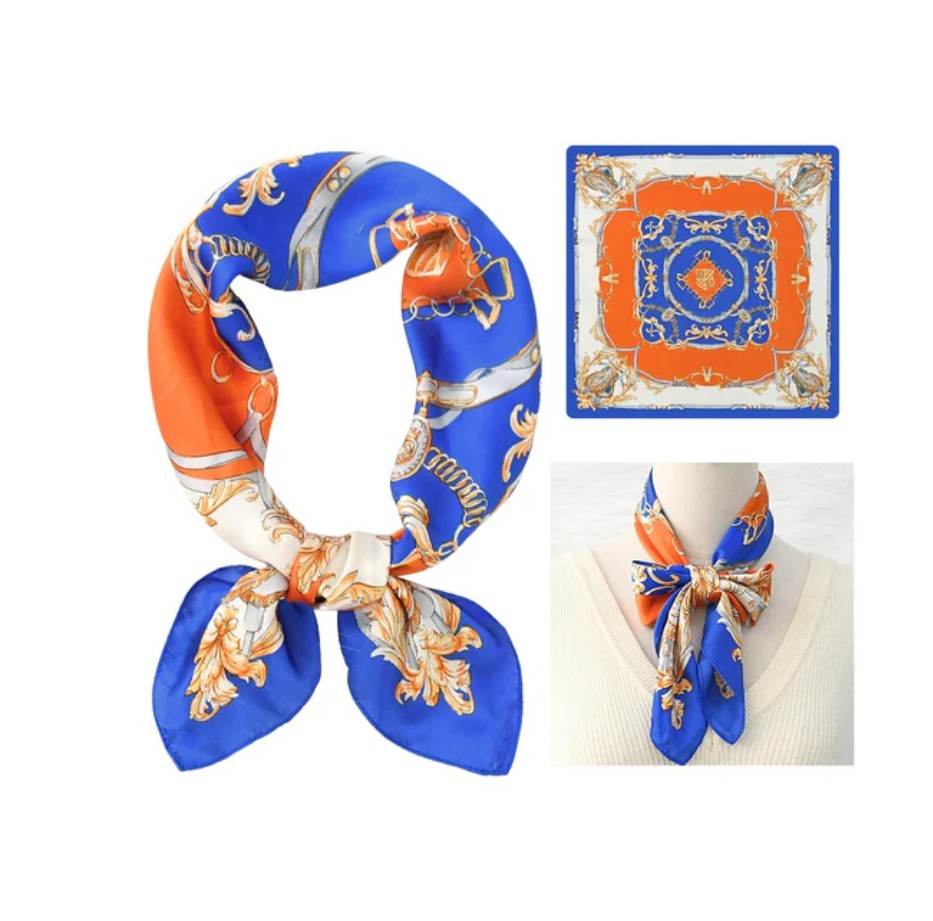 Colorful scarf with blue and orange patterns on a white background