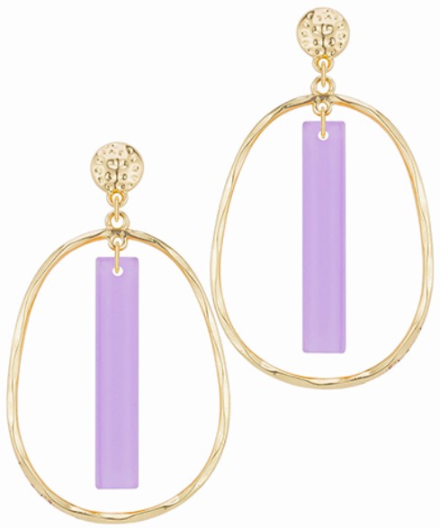 Gold hoop earrings with purple bars on a white background