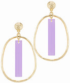Gold hoop earrings with purple bars on a white background