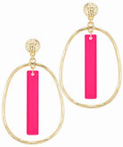 Gold hoop earrings with pink bar pendants on a white background