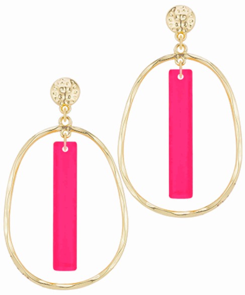 Gold hoop earrings with pink bar pendants on a white background