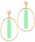 Gold hoop earrings with green rectangular stones on a white background