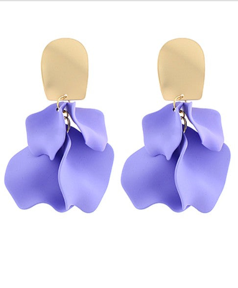 Purple flower-shaped earrings with gold posts on a white background