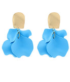 Blue petal-shaped earrings with gold posts on a white background