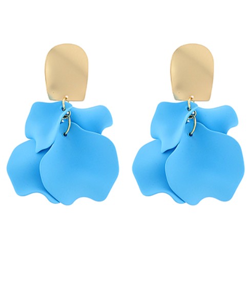Blue petal-shaped earrings with gold posts on a white background