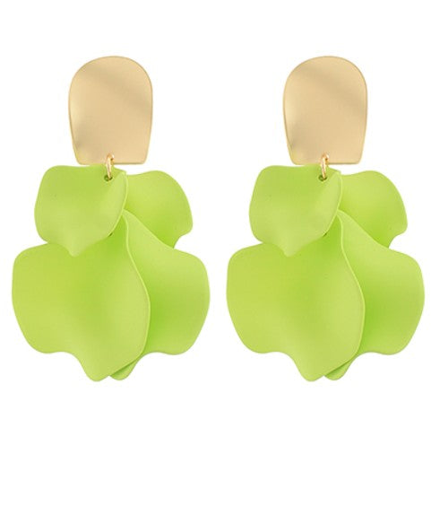 Pair of lime leaf-shaped earrings with gold hooks on a white background